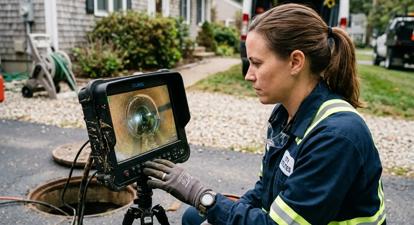 Technician reviewing sewer camera inspection footage in Covington
