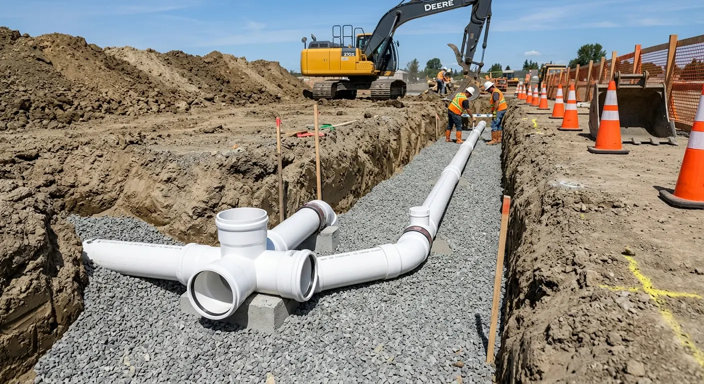 New PVC sewer pipe installation in open trench for Sewer Backup in Covington