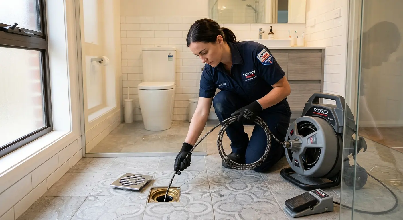Technician clearing a bathroom floor drain for Sewer Line Installation in Covington